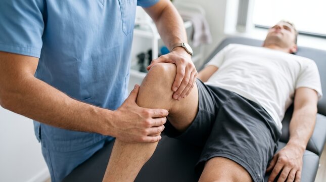 A physical therapist examines and massages a patient's knee joint while the patient rests on an examination table undergoing treatment therapy physical therapy physiotherapist rehabilitation