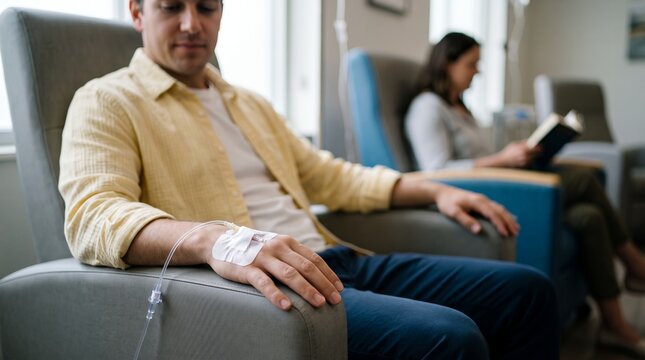 Patient receiving intravenous infusion therapy while sitting in a comfortable chair another person reads a book in the background at a medical facility physical treatment saline drip healthcare