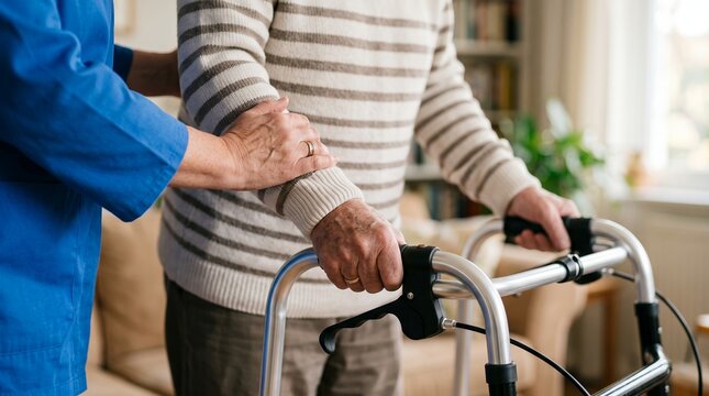 A caregiver assists an elderly man using a walker providing support and stability for his mobility and independence within a comfortable home environment physical therapy senior woman nurse