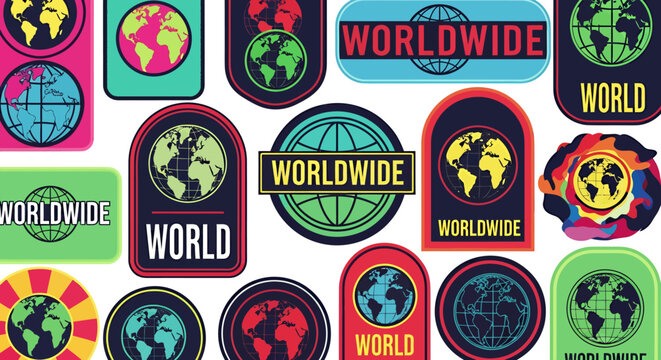 Colorful circular world icons pattern with worldwide badges and globe motifs.