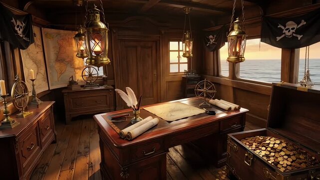 Antique pirate ship cabin with treasure chest and maps
