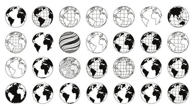 Series of Black and White Globe Icons Featuring Various World Maps in Circular Emblems.