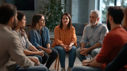 Obraz premium People sit in a circle during a group therapy session to share their personal experiences and provide mutual emotional support in a peaceful indoor environment where they can communicate openly.
