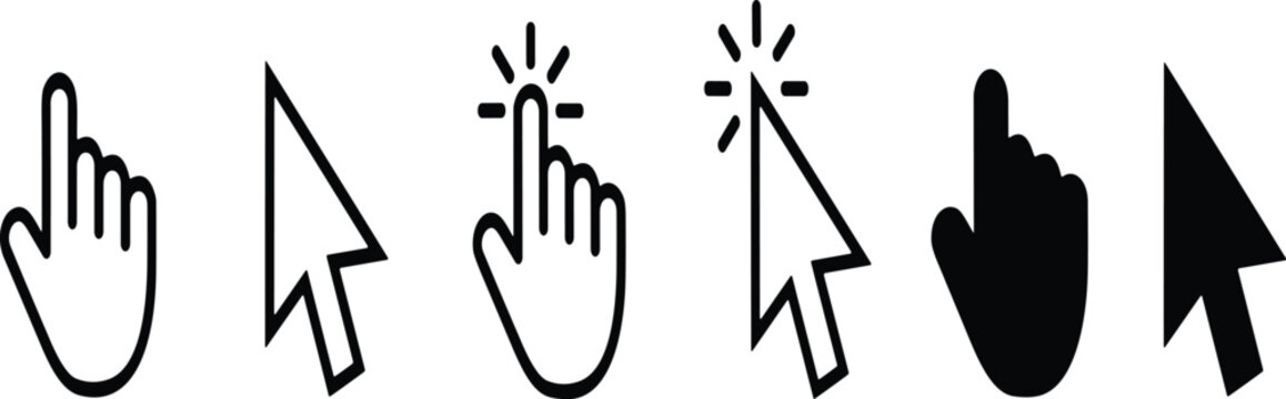 Set of black and white computer mouse cursor and hand pointer