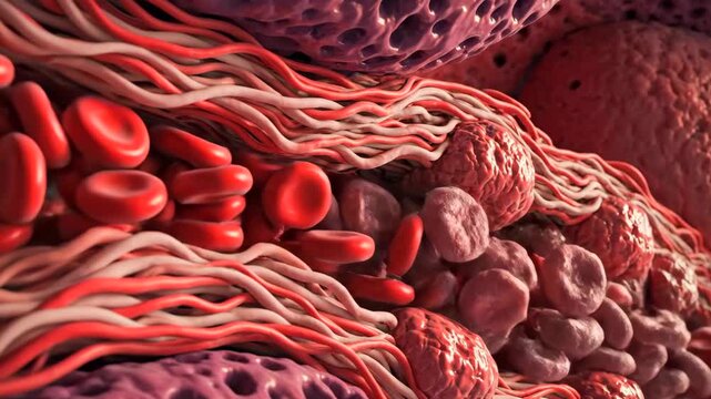 Microvascular blood dynamics, Highresolution image of capillary circulation and cell details, Closeup illustration capturing erythrocyte movement and vessel wall structures precisely