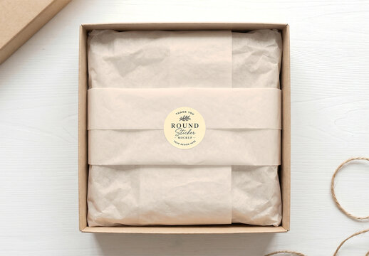 Round Sticker on Gift Box Packaging Mockup