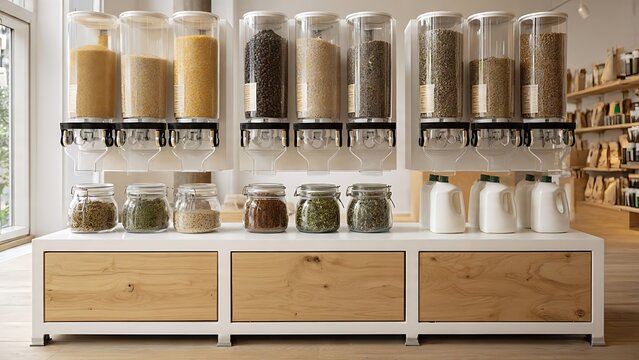 Modern zero waste household refill station with bulk food dispensers and reusable containers