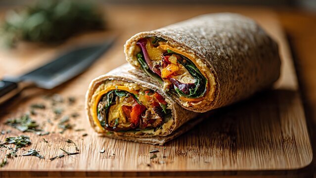 Fresh homemade vegetable wrap filled with colorful roasted vegetables on wooden board