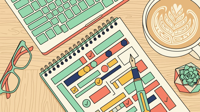 top view of a planner keyboard glasses and coffee with latte art
