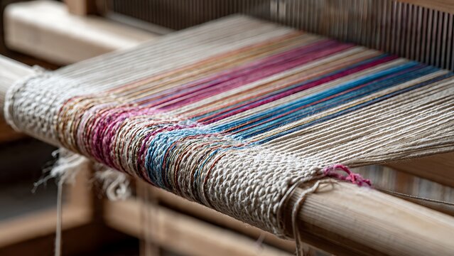 Contemporary weaving loom with colorful textile threads during traditional fabric production