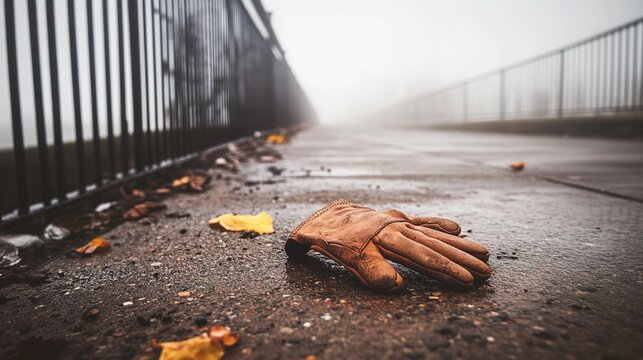 discarded. A single worn leather glove discarded outside a prison fence in morning mist. wellbeing guides, coaching materials, designed for coaching and self-improvement content, used by hr managers.