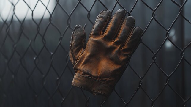 discarded. A single worn leather glove discarded outside a prison fence in morning mist. wellbeing guides, coaching materials, designed for coaching and self-improvement content, used by hr managers.