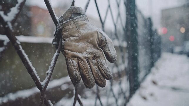discarded. A single worn leather glove discarded outside a prison fence in morning mist. wellbeing guides, coaching materials, designed for coaching and self-improvement content, used by hr managers.
