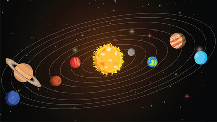 Flat style solar system vector illustration with planets orbiting the sun with stylized galaxy space background © Dhananjaya