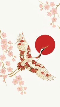 Japanese Crane Flying with Cherry Blossoms and Red Sun Illustration
