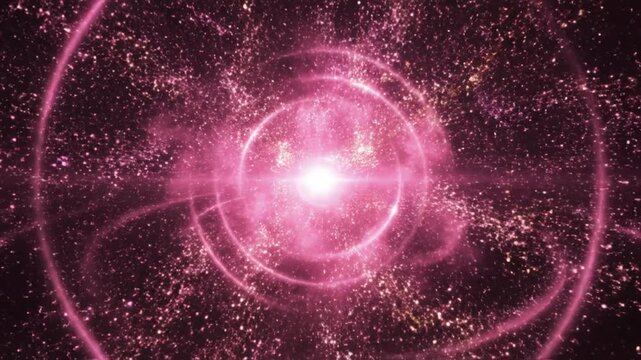 A bright pink galaxy emits vibrant light and energy in deep space.