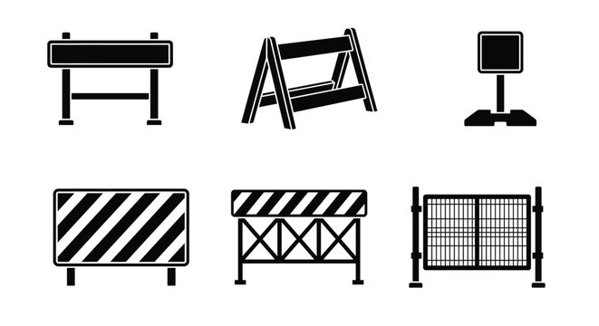 Construction road barrier icons set representing traffic safety street maintenance zone security boundary obstacles architectural site protection symbols industrial fence equipment set.