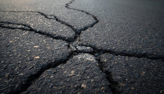 Close-up of road crack patterns. Suitable for news articles, educational materials, and road safety posters.