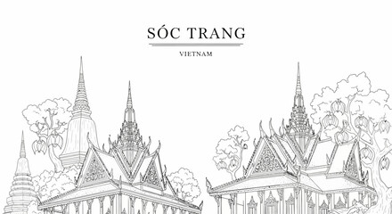 Fototapeta premium A blackandwhite line drawing showing ornate Khmerstyle temple buildings in Soc Trang Vietnam