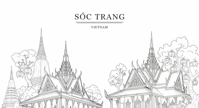 A blackandwhite line drawing showing ornate Khmerstyle temple buildings in Soc Trang Vietnam