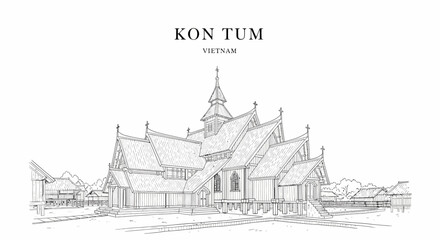 A lineart illustration of the Kon Tum Wooden Cathedral a traditional stilt church against a plain background © Julian Vance