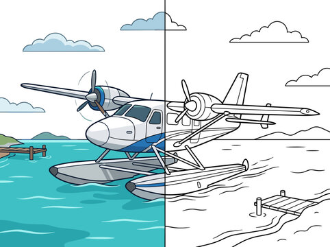A split view vector illustration showing a colorful floatplane design next to its simple black and white line art outline