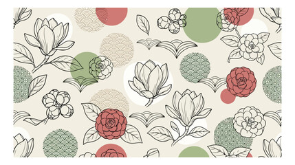 Elegant Japanese floral pattern, seamless vector background with hand-drawn magnolia and camellia flowers, traditional Asian design for textiles and decor © Kuch_Bhi
