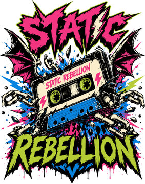 Static Rebellion Typography with Cassette Tape and Abstract Sound Graphics for Punk Music T Shirt Design