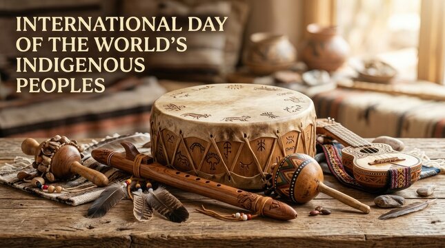 Handcrafted ethnic drum with animal illustrations and traditional musical instruments for International Day of the World's Indigenous Peoples