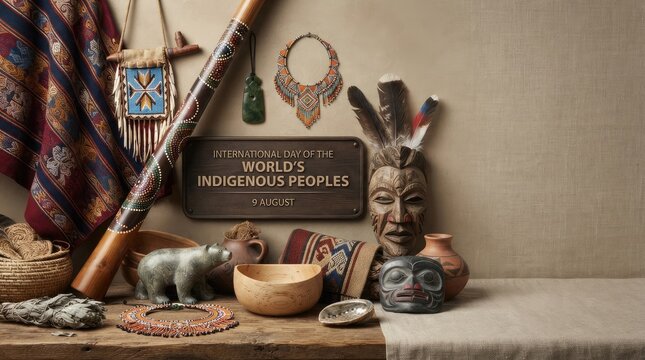 Traditional indigenous crafts carved mask and didgeridoo displayed on a rustic wooden table for International Day of the World's Indigenous Peoples
