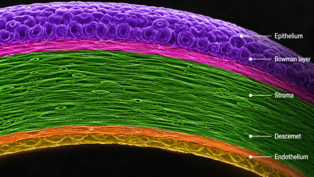 Colorized scanning electron microscope cross section of cornea layers showing epithelium, Bowman layer, stroma, Descemet membrane, and endothelium