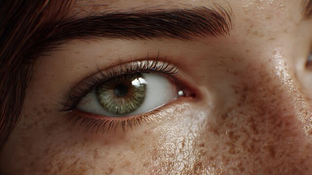 Close-up of a person's green eye with visible freckles on the skin, showing intricate details and texture.