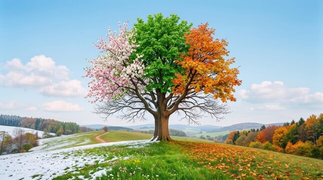 The four seasons in one tree on a sunny day