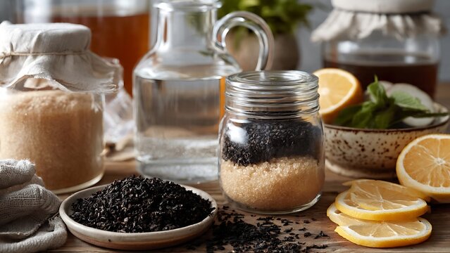 Fresh kombucha brewing ingredients with tea sugar glass jars lemon and herbs prepared for homemade fermented beverage production
