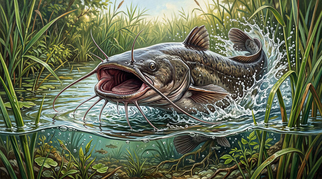 An intricate illustration of a large catfish (ikan keli) leaping from a marshy wetland, splashing water with its mouth wide open, surrounded by aquatic plants and underwater roots