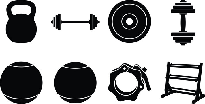 Fitness Equipment Silhouette Icon Set with Kettlebell Dumbbell Barbell Medicine Ball and Weight Plate