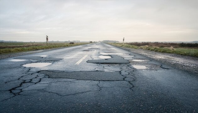 Old asphalt road with cracks and patches. Suitable for news articles, educational materials, and road safety posters.