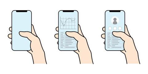スマートフォンを操作する右手と画面表示のバリエーションイラストセット © color