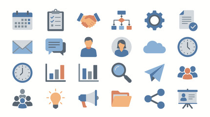 Obraz premium Business management icons are displayed in a grid to represent corporate communication and strategy.