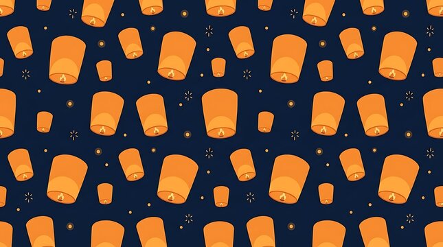 Seamless pattern of glowing sky lanterns in the dark night sky