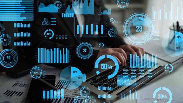 A business professional engages with data analysis on a laptop. Surrounded by abstract graphics, this image illustrates modern statistical tools and insights in action. Xenic
