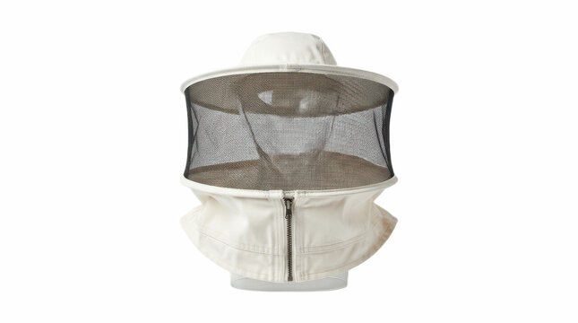 White mesh beekeeping veil hat with protective netting and zippered jacket collar on white background, shielding face and neck during hive inspections

