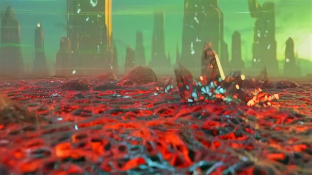 neon lattice terrain stretching toward distant skyline, cracked technocrust and glowing filaments transitions to molten crystalline plain with ember glow, mineral strata and desolate