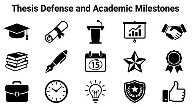 A collection of 15 black silhouette icons representing academic and thesis defense milestones arranged in a threebyfive grid