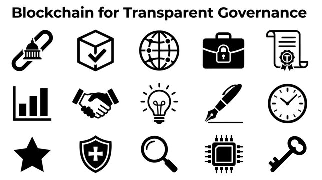 A grid of 15 black icons representing blockchain concepts under the title Blockchain for Transparent Governance