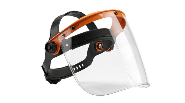 Clear protective face shield with black and orange adjustable headgear on white background, offering splash protection for work, cleaning and safety tasks

