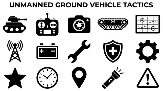 A grid of 15 black icons representing military and technological concepts headed by the text UNMANNED GROUND VEHICLE TACTICS