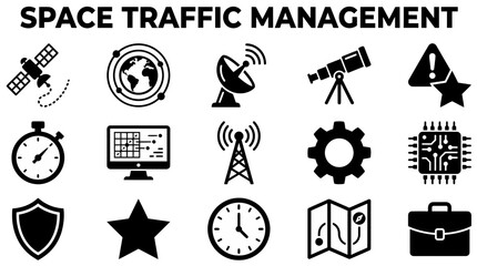 Fototapeta premium An infographic titled SPACE TRAFFIC MANAGEMENT featuring fifteen distinct black icons arranged in a threebyfive grid