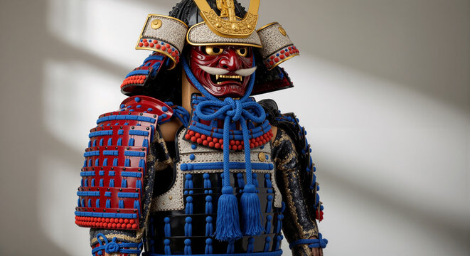 Samurai warrior in traditional Japanese armor with red and blue details gold accents and menacing facial expression symbolizing honor and bravery in feudal Japan.