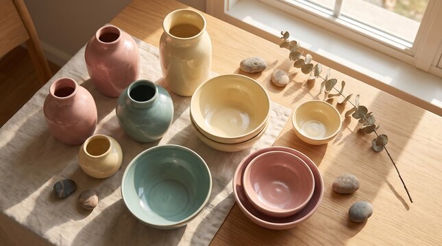 Colorful ceramic pottery vases and bowls on wooden table by window